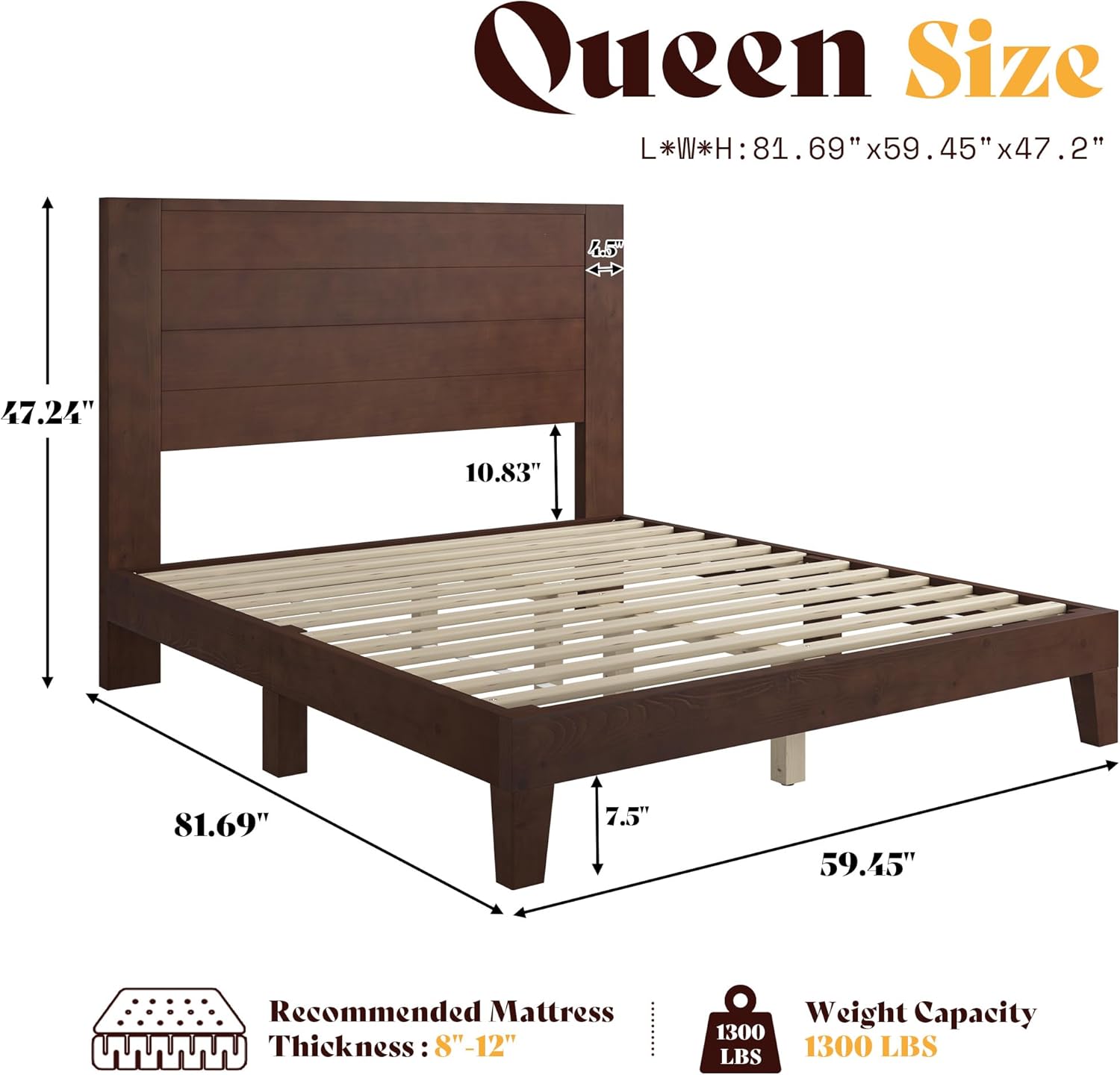 AMERLIFE Queen Sizes Solid Wood Bed Frame with 48" Headboard, Mid Century Modern Platform Bed with Silent Wood Slat System, No Box Spring Needed, Under-Bed Storage, Walnut