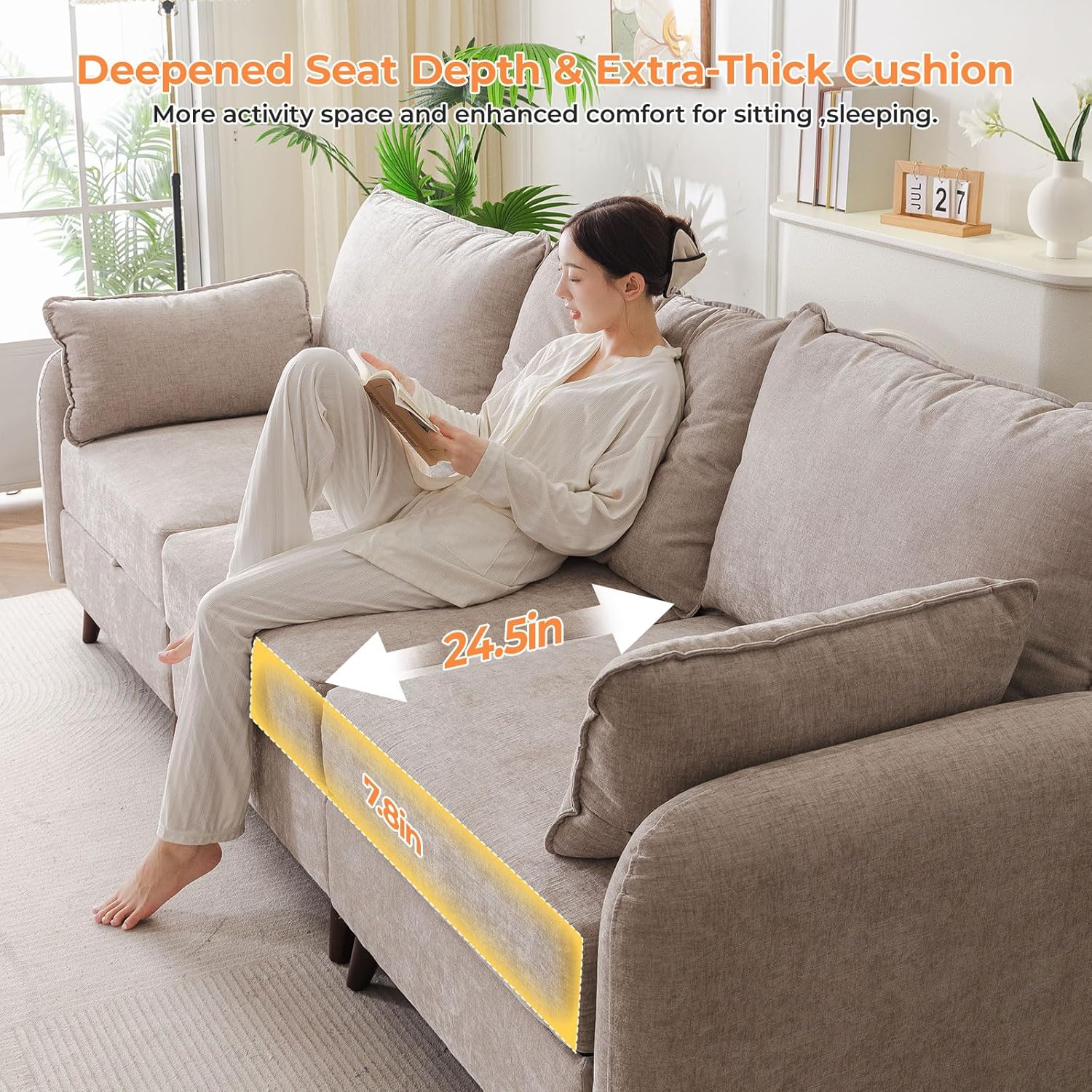 104'' Modular Sectional Sofa with Seats Storage,Oversized L Shaped Couch with Deep Seat,3-Seater Comfy Cloud Couches for Living Room, Movable Ottoman,Chenille,Khaki