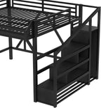 Bellemave Queen loft Bed with Storage Stairs, Wardrobe, Shelves, Metal Queen Size Loft Bed Frame for Adults, Kids, Teens, Black with Black Woodgrain
