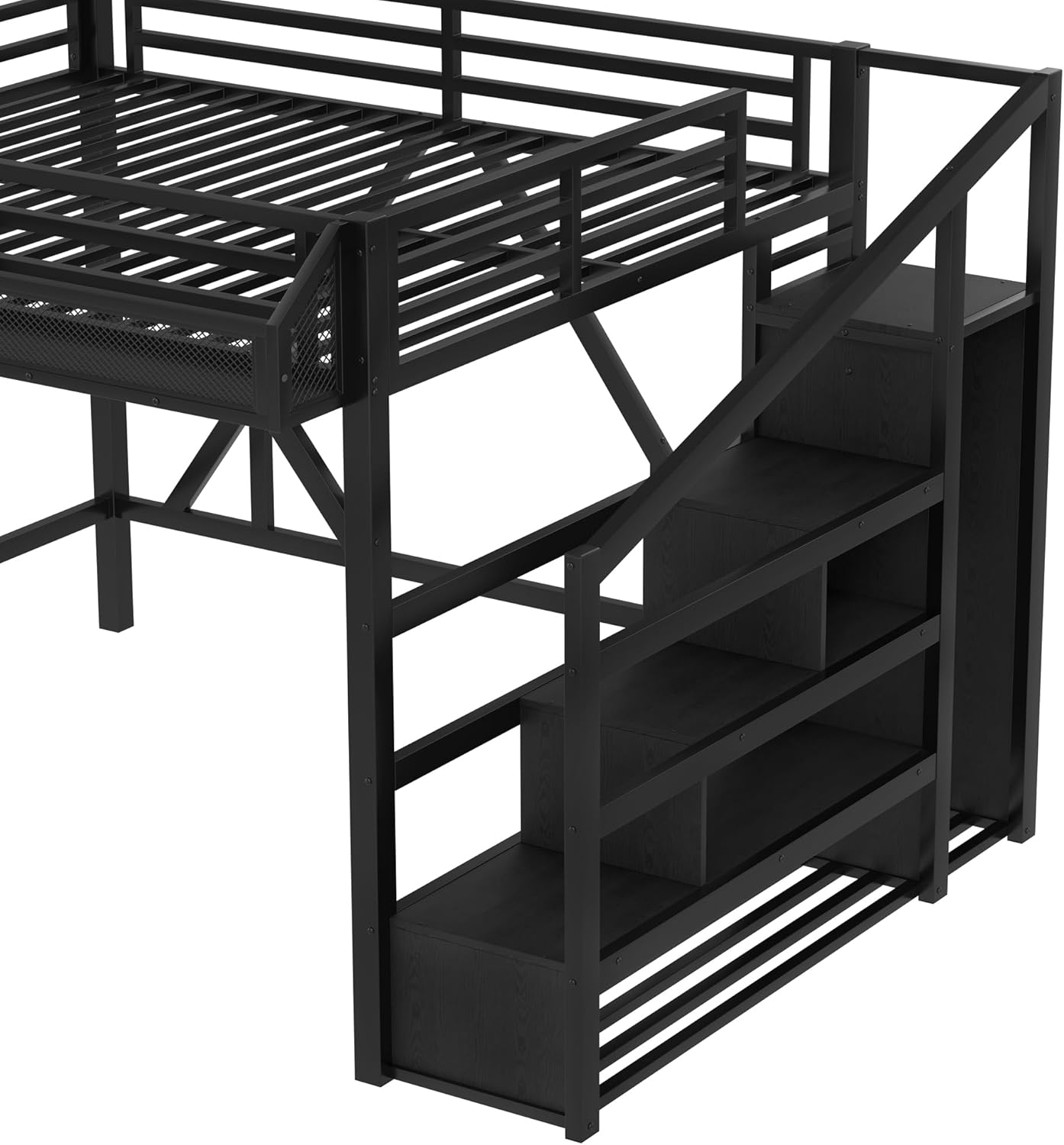 Bellemave Queen loft Bed with Storage Stairs, Wardrobe, Shelves, Metal Queen Size Loft Bed Frame for Adults, Kids, Teens, Black with Black Woodgrain