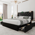 Queen Bed Frame with 4 Storage Drawers, Upholstered Modern Bed Frame with Wingback Headboard, Charging Station, No Box Spring Needed, Easy Assembly, Black