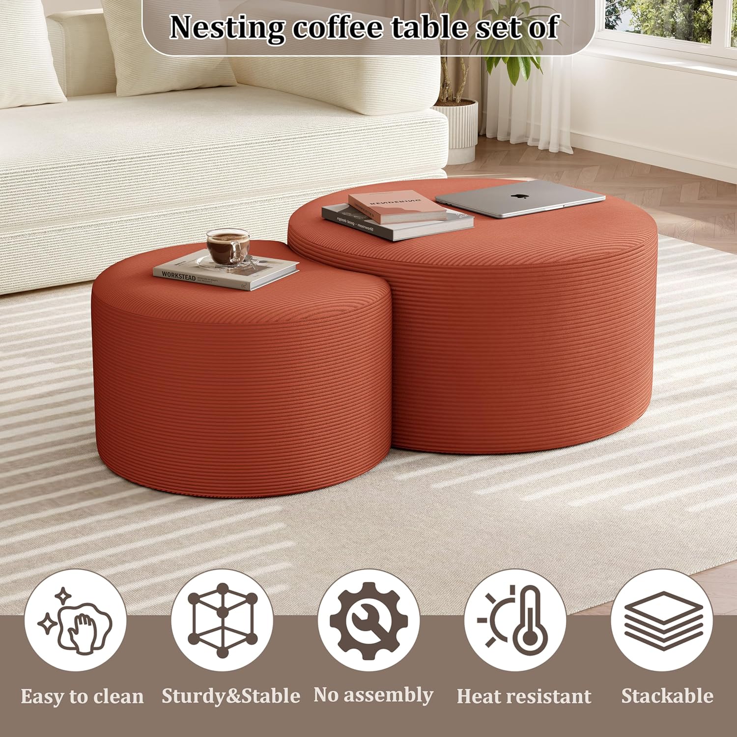 BSHOMGI Nesting Coffee Table Set of 2, Upholstered Round Corduroy Circle Foam Round Side Table for Living Room, Entryway Set, 32"+17" Footrest No Assembly (Orange, 32"+17")
