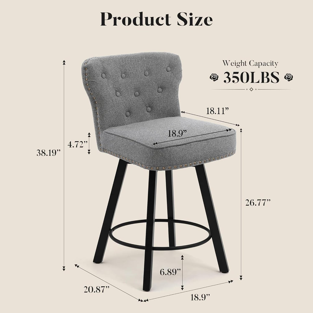 Counter Height Bar Stools Set of 2, 26" Mid-Century Swivel Bar Stool with Metal Base for Kitchen Island, Rivet Armless Linen Fabric Barstool with High Back and Large Thick Cushion, Gray