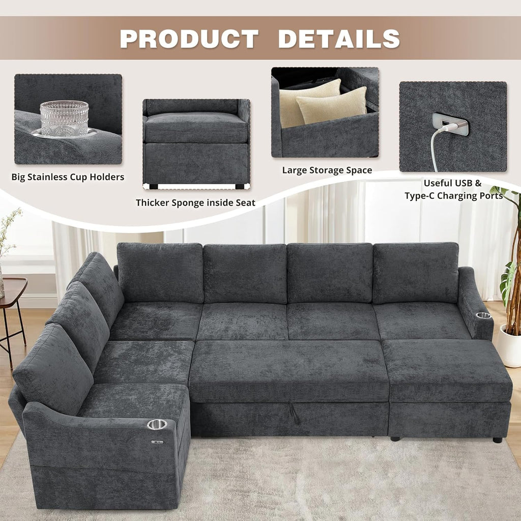 116" Chenille Modular Sofa Bed w/Adjustable Backrests, U-Shape Sleeper Sofa w/USB Ports & Storage Space, Convertible Corner Sectional Couch w/Pull Out Bed for House, Living Room, Grey