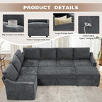 116" Chenille Modular Sofa Bed w/Adjustable Backrests, U-Shape Sleeper Sofa w/USB Ports & Storage Space, Convertible Corner Sectional Couch w/Pull Out Bed for House, Living Room, Grey