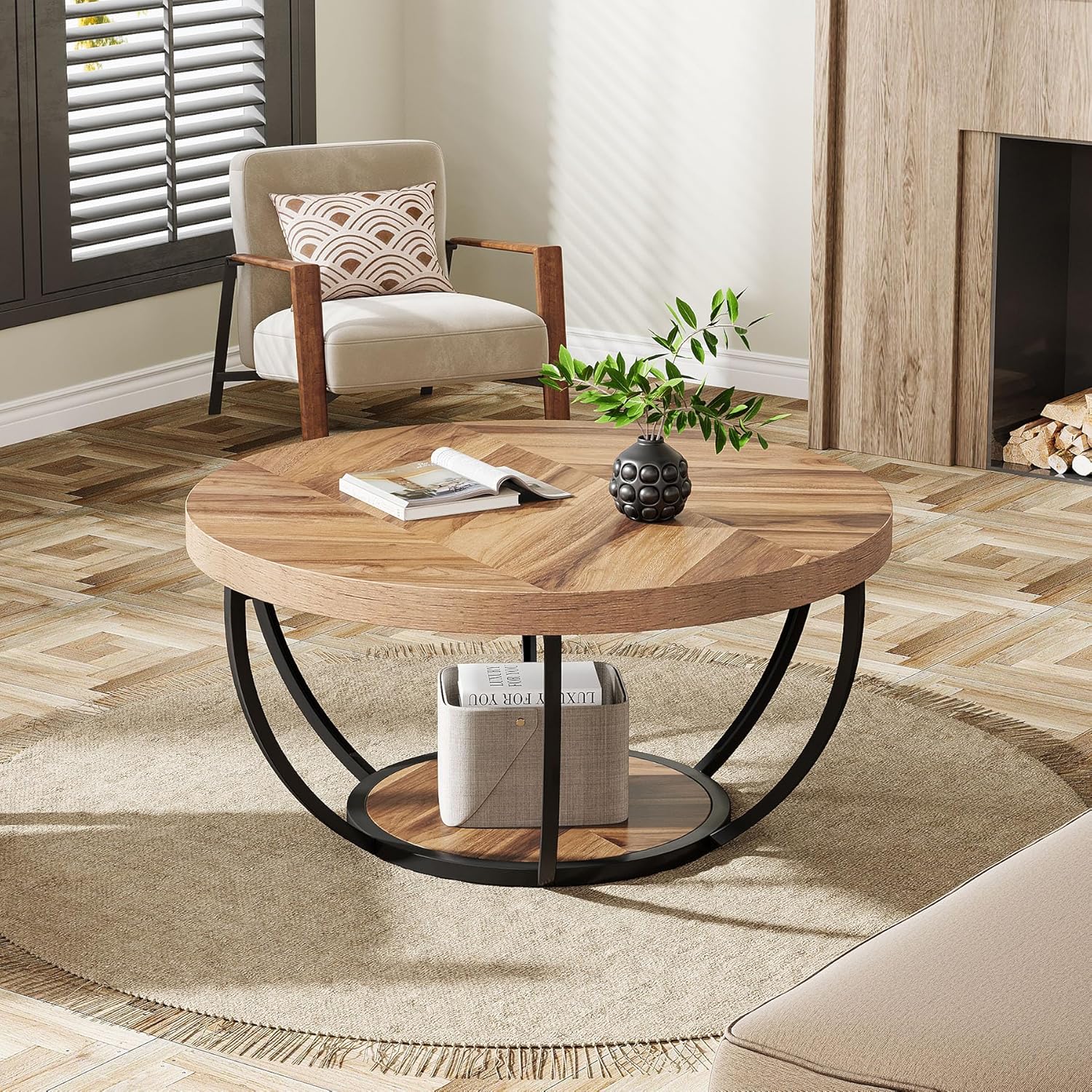 Tribesigns 31.7" Round Industrial Coffee Table with 2-Tier Storage Shelves, Modern Wood & Black Metal Accent Center Table for Living Room, Home Office – Easy Assembly