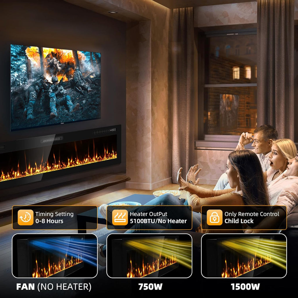 2025Upgraded 72” Recessed and Wall Mounted Electric Fireplace, Ultra Thin Narrow Beleze Fire Places with Remote Control, Screen Control,Adjustable Flame Colors and Speed
