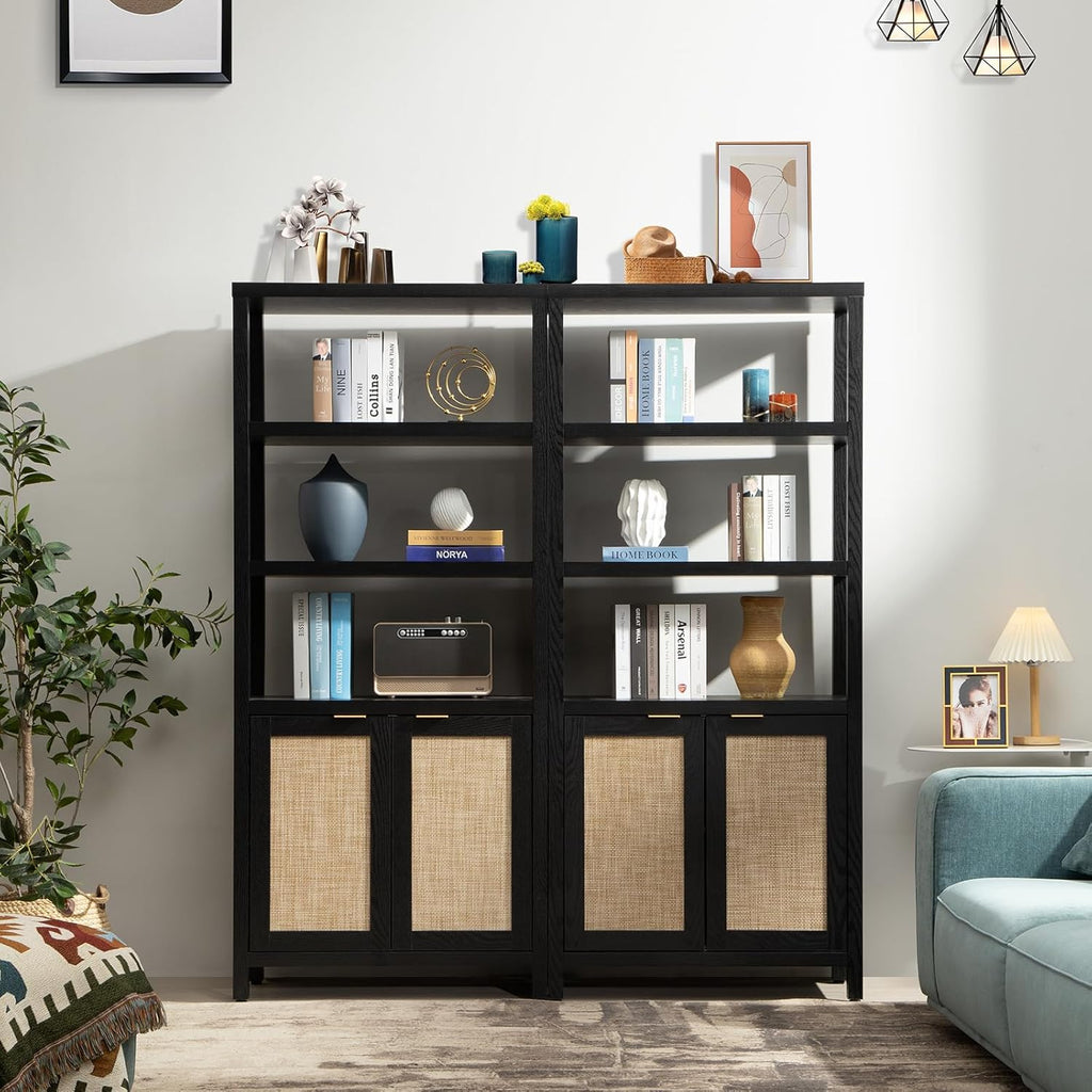 SICOTAS Bookshelf 5 Tier Book Shelf Rattan Boho 71" Tall Bookcase with Doors Storage Shelves Large Bookshelves Farmhouse Bookcases Library Book Case for Living Room Bedroom Home Office Kitchen
