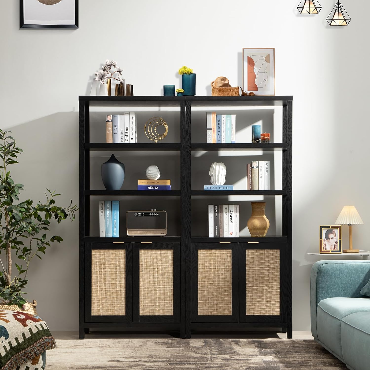 SICOTAS Bookshelf 5 Tier Book Shelf Rattan Boho 71" Tall Bookcase with Doors Storage Shelves Large Bookshelves Farmhouse Bookcases Library Book Case for Living Room Bedroom Home Office Kitchen