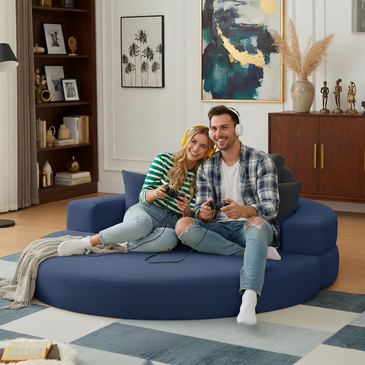 71" Boneless Couch Sofa Bed Oversized Round Couch 2-in-1 Foldable Floor Loveseat Sofa for Living Room and Apartment No Assembly.(Blue, 71")