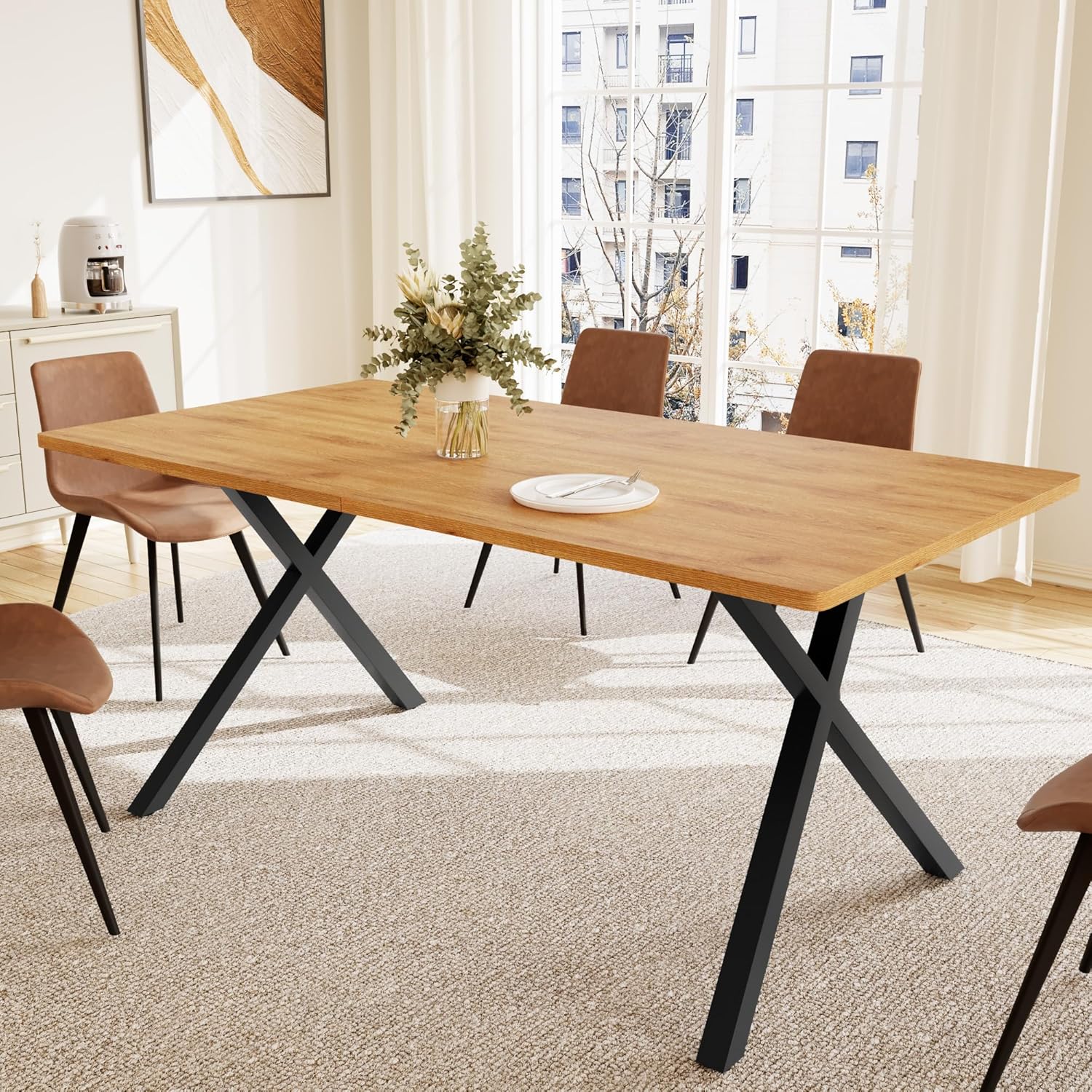 5-Piece Dining Table Set for 4-6 People, 63" MDF Kitchen Table with 4 Upholstered Chairs, Metal Legs for Dining Room, Kitchen(Oak Table+4 Brown Chairs)