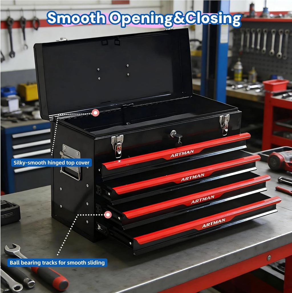 4 Drawers Tool Box, 21" Portable Steel Tool Chest with Top Tool Tray,Key Lock & Latch Closure,Liners,Handle,Ball Bearing Sides, Portable Tool Storage Organizer for Garage Workshop (Black)