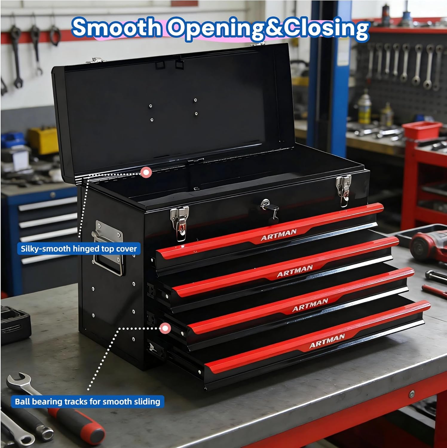 4 Drawers Tool Box, 21" Portable Steel Tool Chest with Top Tool Tray,Key Lock & Latch Closure,Liners,Handle,Ball Bearing Sides, Portable Tool Storage Organizer for Garage Workshop (Black)