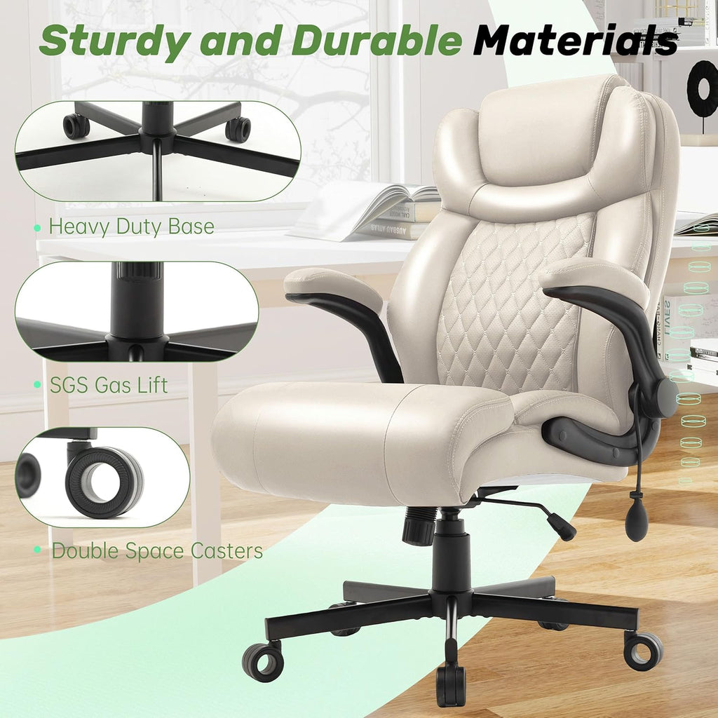 Office Chair, Big and Tall Executive Chairs with Lumbar Support for Back Pain, Breathable Desk Computer Chair with Adjustable Flip-up Armrests, Wide Cushion Swivel Home Office Chair Beigewhite
