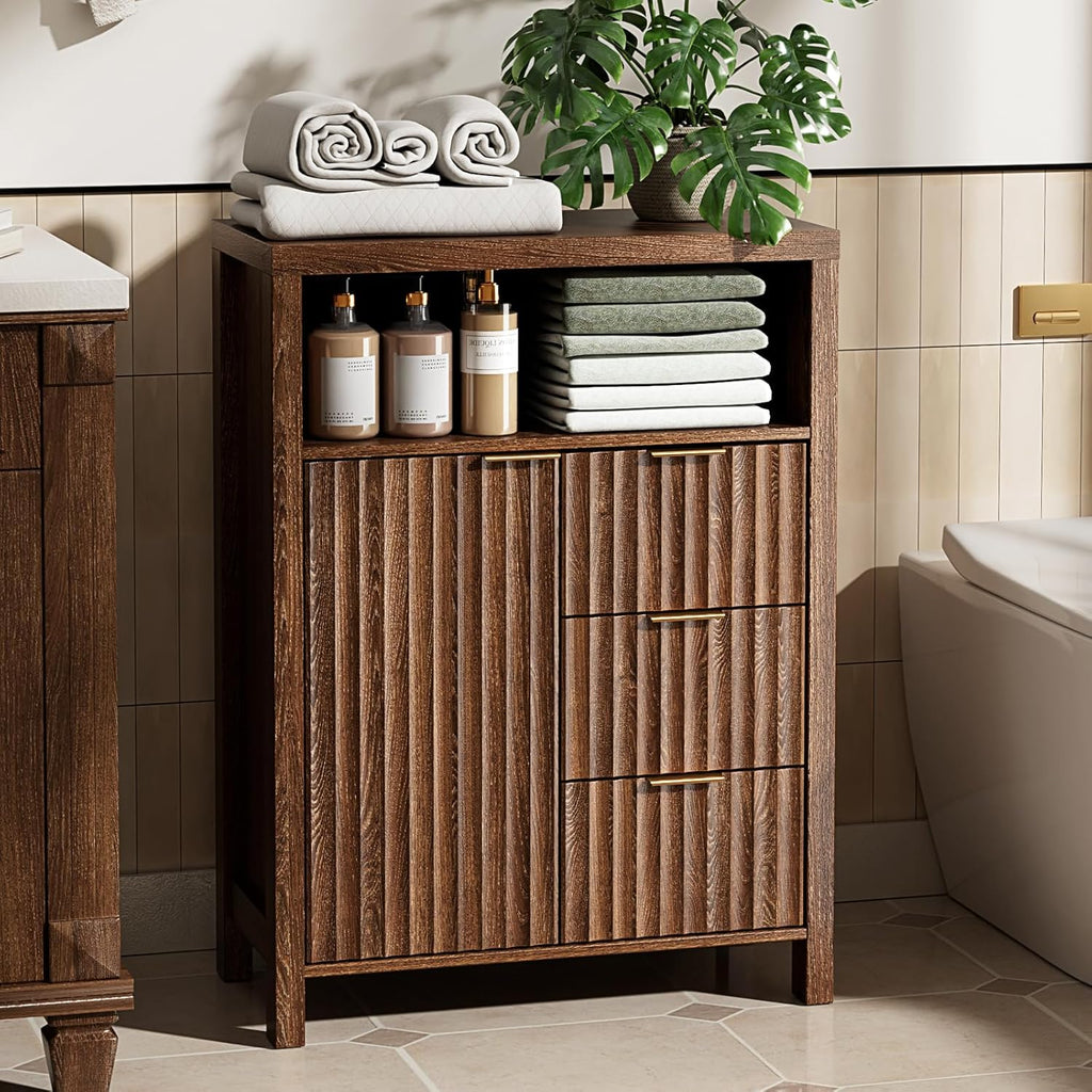VINGLI Bathroom Floor Storage Cabinet with 3 Drawers, Modern 32" Freestanding Short Storage Organizer with Fluted Door & Adjustable Shelf, 12 Inch Deep Walnut Wooden Console for Small Space