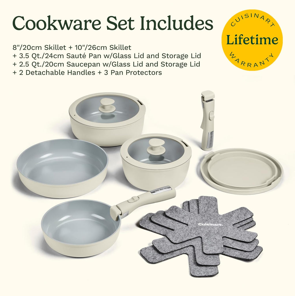 Cuisinart 13-Pc ClickSmart Nonstick Detachable Handle Ceramic Cookware, Pots and Pans Set, Stackable Space-Saving Design, Compatible with All Stovetops, Induction & Oven Safe, PURELYCERAMIC