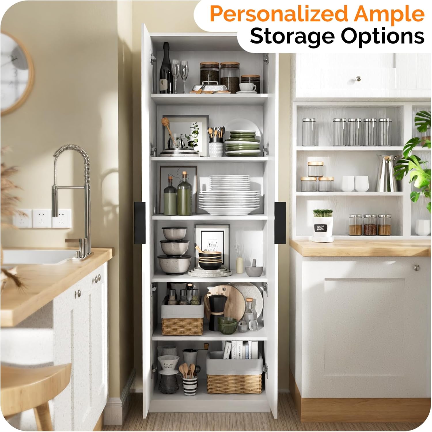 VINGLI 70" Modern Pantry Cabinet,Tall Storage Cabinet with Fluted Doors and Adjustable Shelves for Dining Room, Kitchen, Office, and More in White