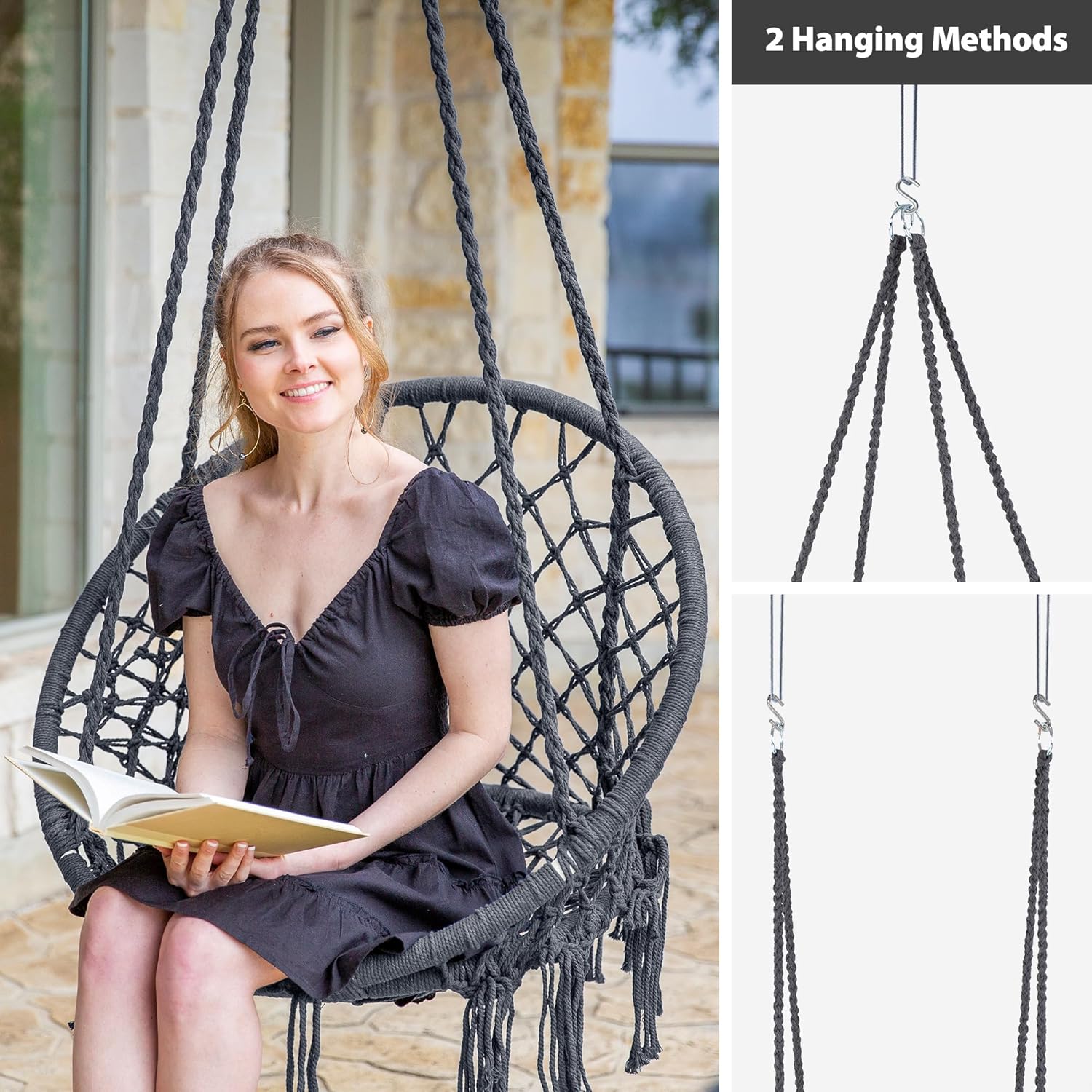 SUNCREAT Hammock Chair Hanging Macrame Swing with Hardware Kits, Max 330 Lbs, Handmade Knitted Mesh Rope Swing Chair for Indoor, Outdoor, Bedroom, Patio, Yard, Deck, Garden, Grey