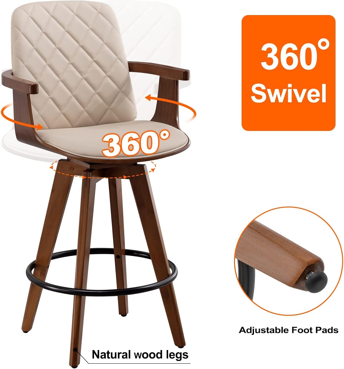 Counter Stools Set of 2, Upholstered Faux Leather Counter Height Bar Stools, Swivel Counter Chairs with Wooden Arms and Legs(Beige, 26" Seat Height)