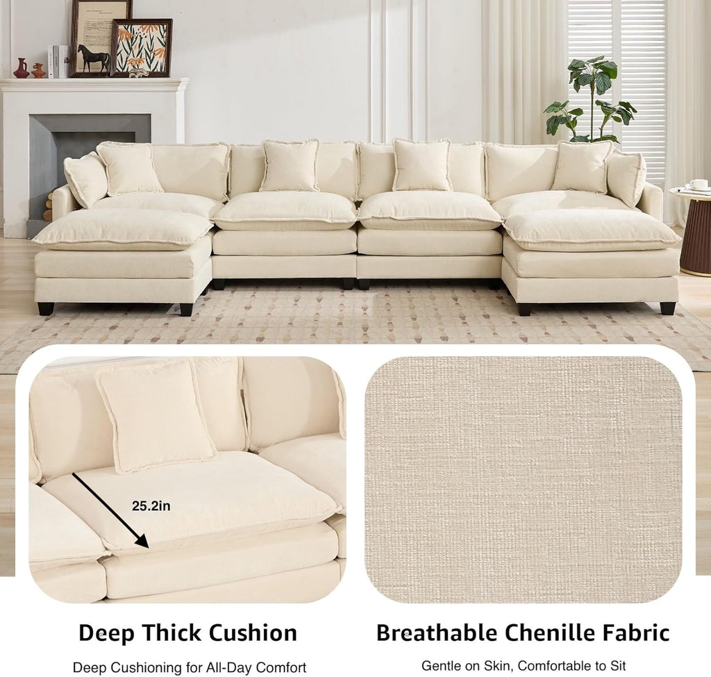 113.8" Modern Cozy Sectional Couches for Living Room, Beige Chenille Comfy Cloud Couch Sectional, 3 Seater Couch for Living Room, Sofas para Sala, I Shaped Sofas & Couches (Beige, 3+0 Set)