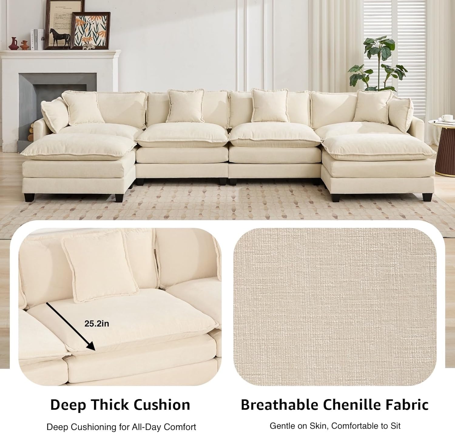 113.8" Modern Cozy Sectional Couches for Living Room, Beige Chenille Comfy Cloud Couch Sectional, 3 Seater Couch for Living Room, Sofas para Sala, I Shaped Sofas & Couches (Beige, 3+0 Set)