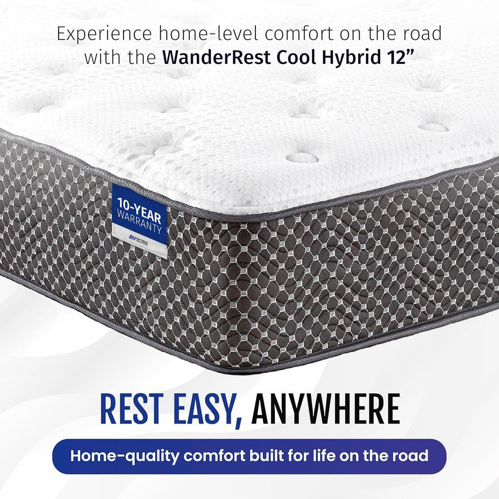 WanderRest 12” Cool Hybrid RV Mattress, Short Queen 60x74, Plush-Medium Gel Memory Foam & Pocketed Coil Bed for RV, Camper or Travel Trailer, Cooling Comfort, Made in USA