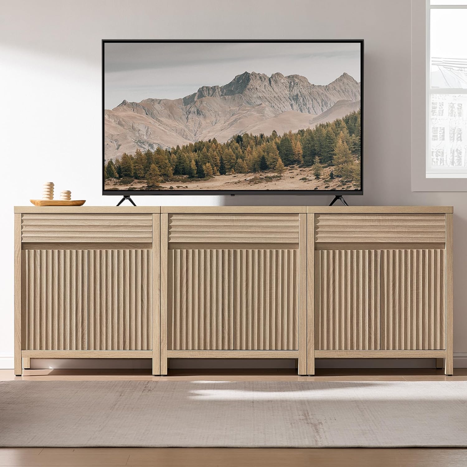 SICOTAS 58" Fluted Buffet Cabinet with Storage, Modern Farmhouse Sideboard with Drawers & 3-Level Adjustable Shelf, Handle-Less Coffee Bar Console Table for Kitchen Living Room Entryway, Light Oak