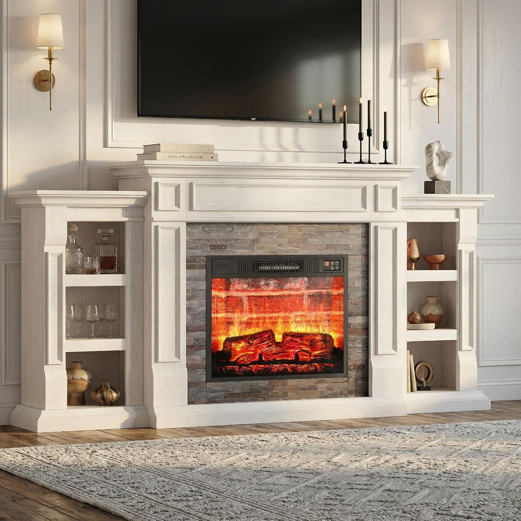 LGHM 72" Electric Fireplace with Mantel, Fireplace TV Stand for TVs Up to 80 Inch, Modern Entertainment Center with Storage, Fireplace Heater Insert with Realistic 3D Flame for Living Room