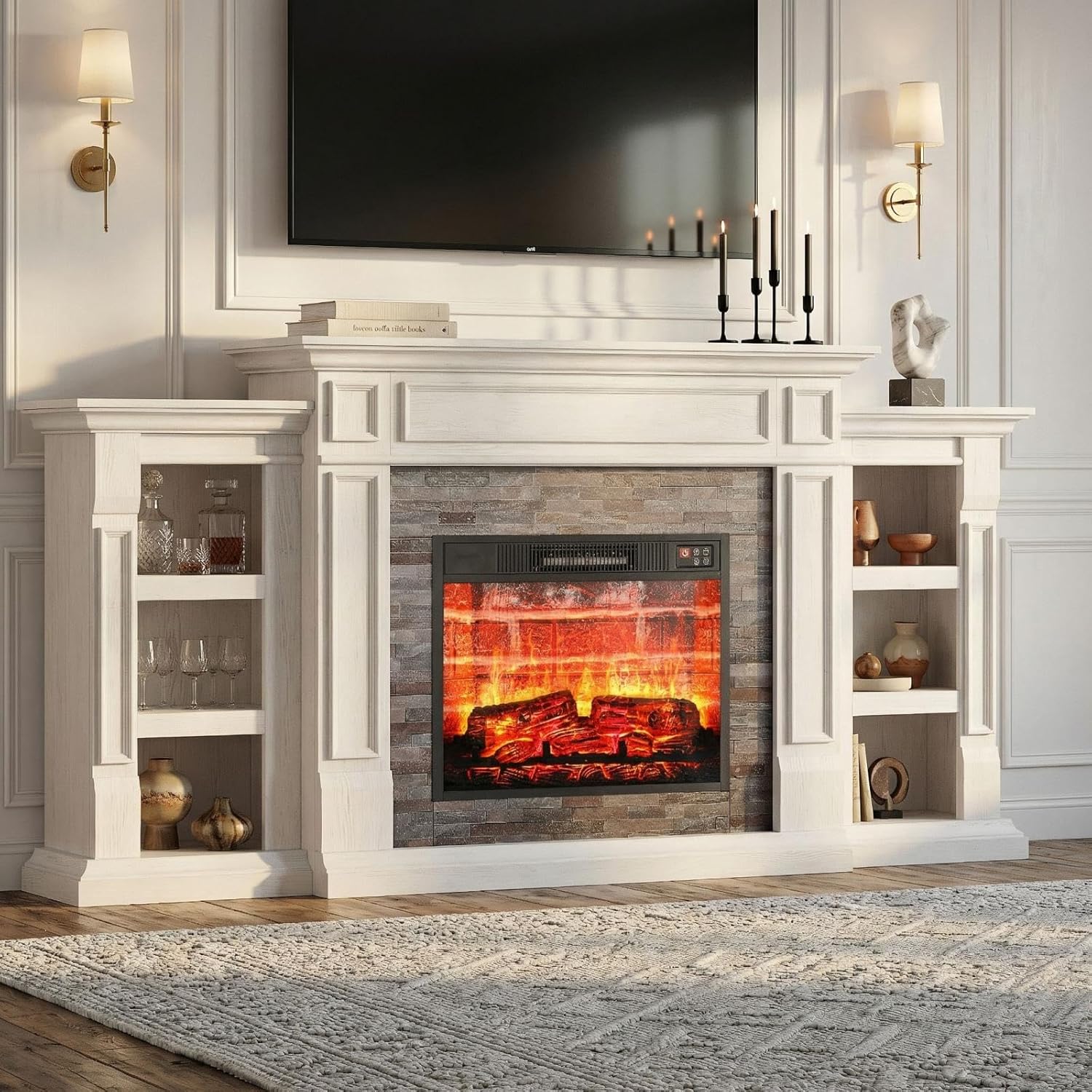 LGHM 72" Electric Fireplace with Mantel, Fireplace TV Stand for TVs Up to 80 Inch, Modern Entertainment Center with Storage, Fireplace Heater Insert with Realistic 3D Flame for Living Room
