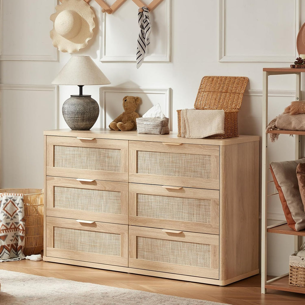 LEYAOYAO Rattan Dresser and Nightstand Sets 3 Piece, Boho Wood Dresser for Bedroom with 6 Drawers and Night Stand with 3 Drawer, Bedroom Furniture, Dressers & Chests of Drawers, Living Room, Hallway
