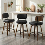 Swivel Bar Stools Set of 3, 26" Upholstered Counter Height Bar Stools with Back and Walnut Wood Legs, Faux Leather Barstools for Kitchen Counter, Black