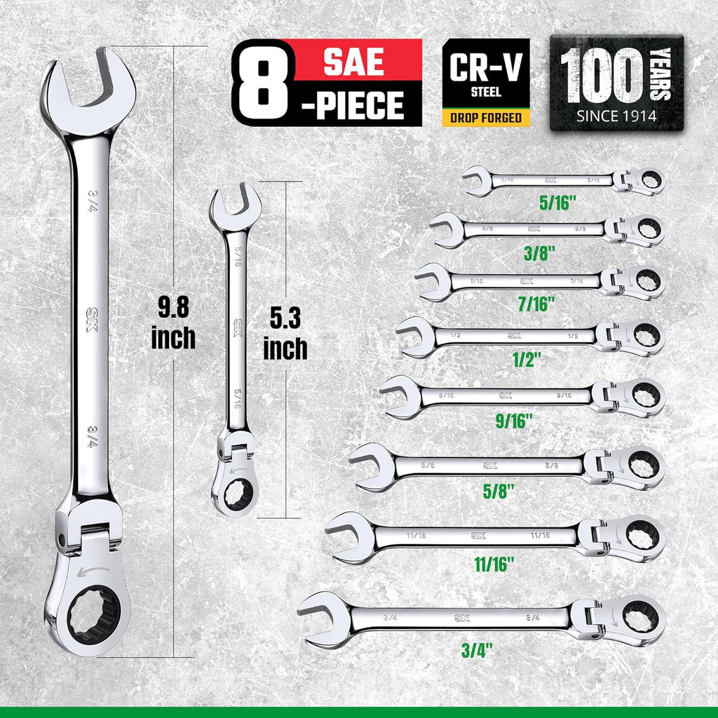 SK Flex-Head Ratcheting Wrench Set, Combination Wrench Set, 8-Piece, SAE 5/16" to 3/4", 72-Tooth, Premium CR-V Construction, with Rack Organizer