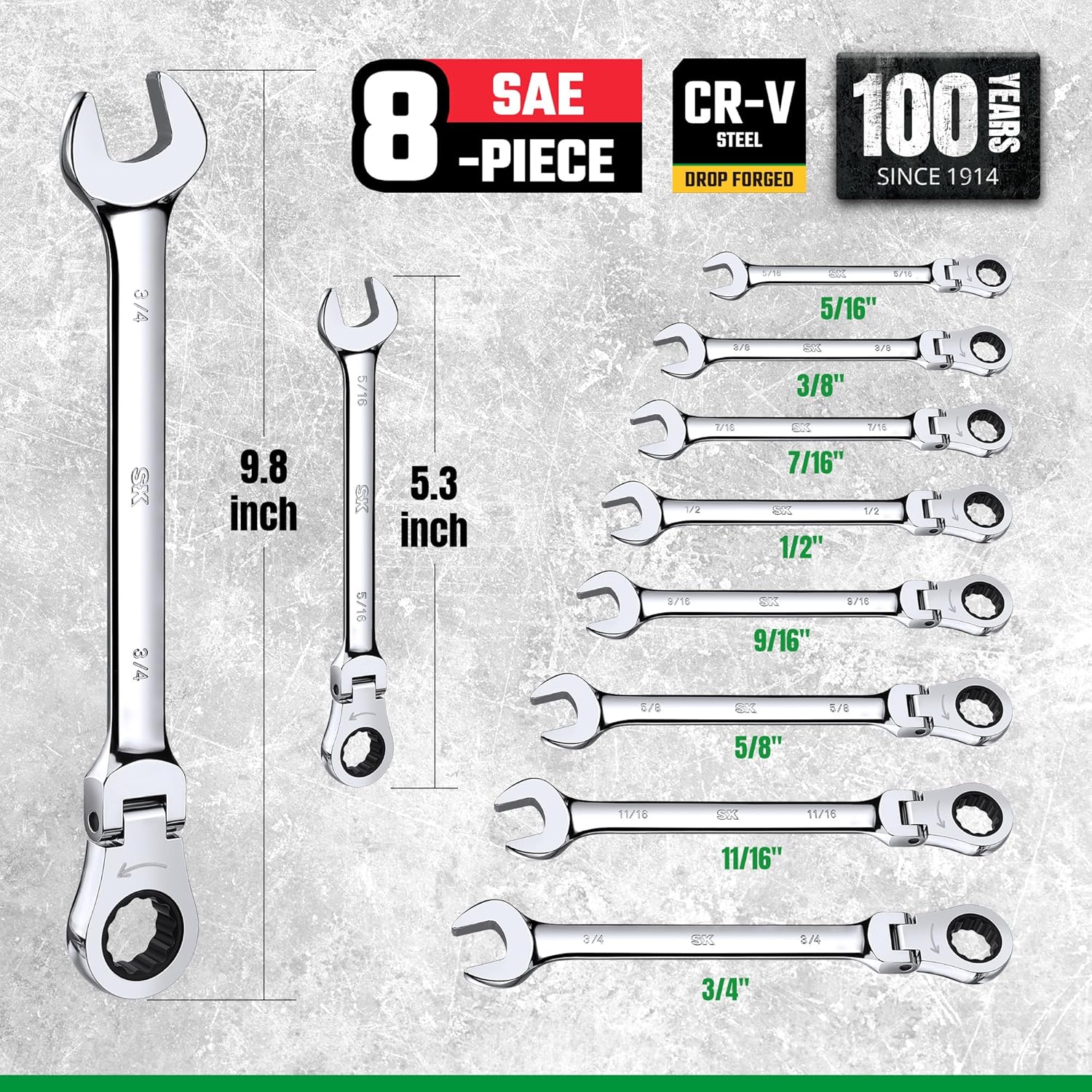 SK Flex-Head Ratcheting Wrench Set, Combination Wrench Set, 8-Piece, SAE 5/16" to 3/4", 72-Tooth, Premium CR-V Construction, with Rack Organizer