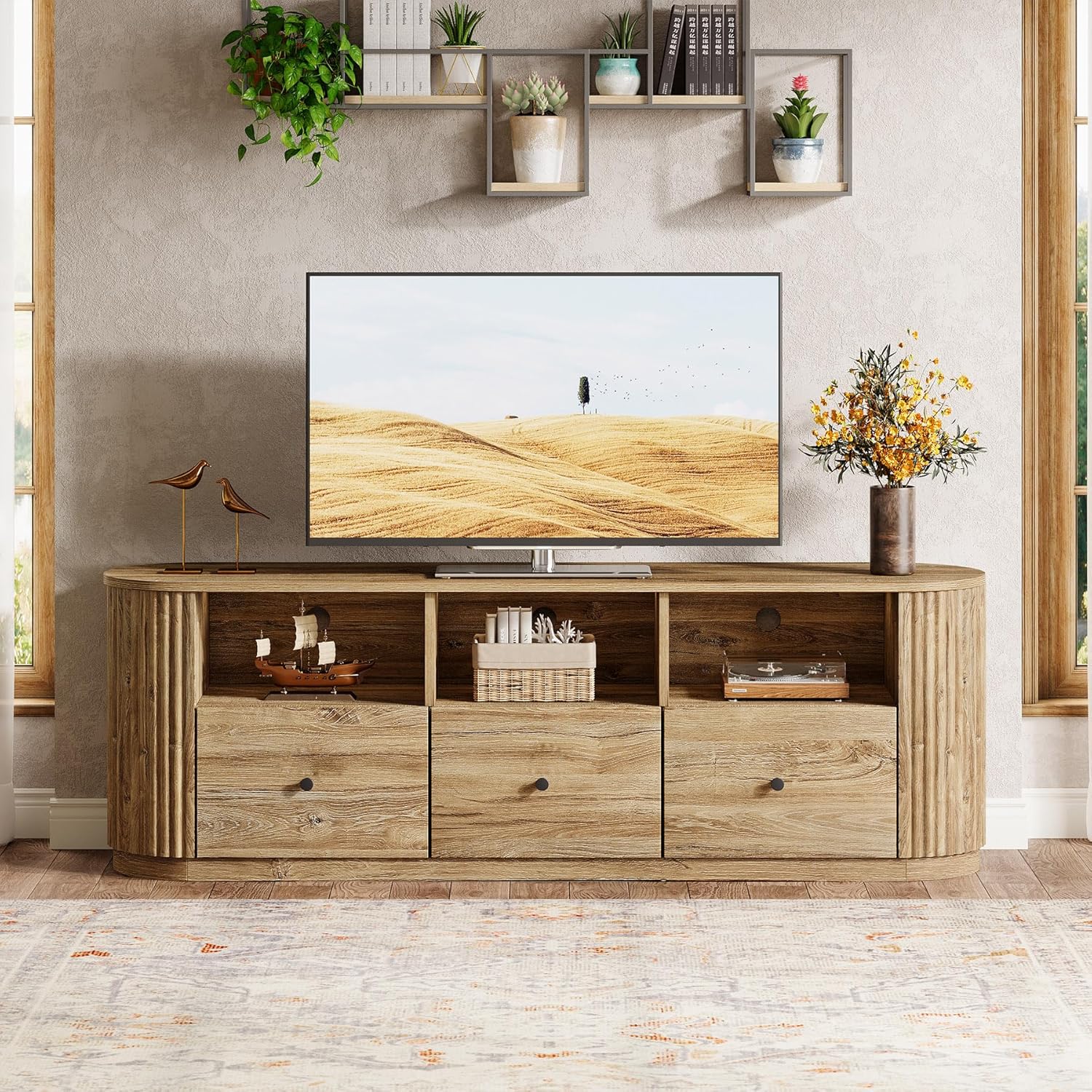 Tribesigns 70.87" TV Stand for TVs up to 80", Modern Curved Media Console with 3 Drawers and Open Storage, Fluted Entertainment Center for Living Room, Brown