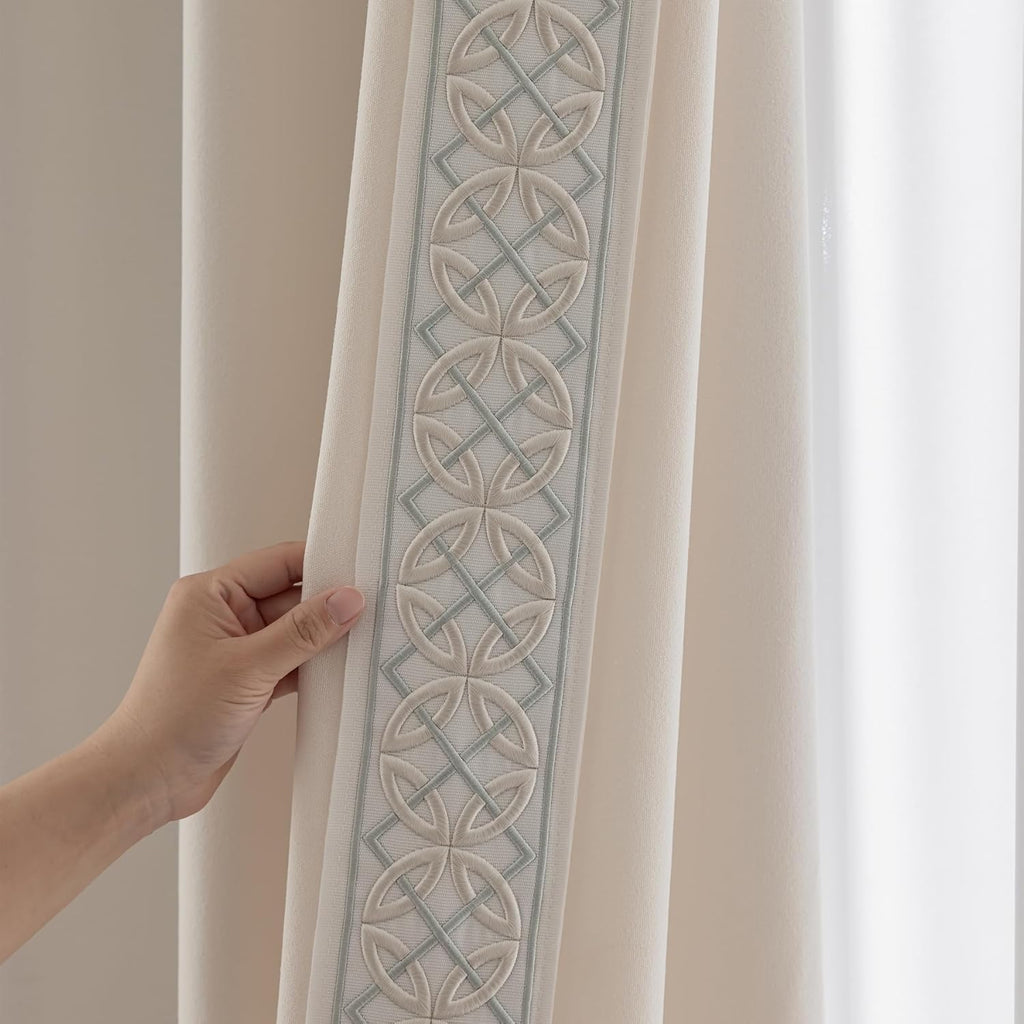 Luxury Cotton Linen Pinch Pleat Curtains, Embroidered Trim Memory Trained Drapes for Stylish Living Room, (50" W x 96" L)