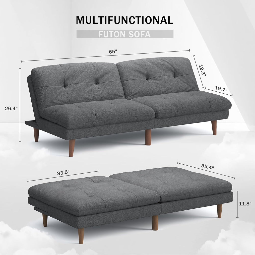 Flamaker Convertible Futon Sofa Bed Futon Couch with Adjustable Back Upholstered Sleeper Sofa Bed for Living Room Furniture (Fabric,Grey)