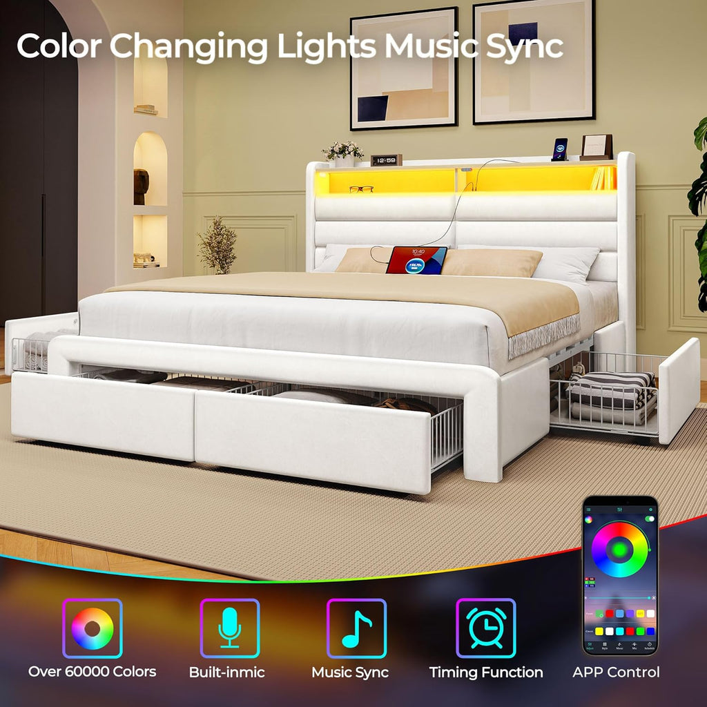 Seventable Full Size Bed Frame with 4 Storage Drawers & Charging Station, Upholstered Platform Bed with Storage Headboard and LED Light, No Box Spring Needed, Noise Free, Easy Assembly, Cream White