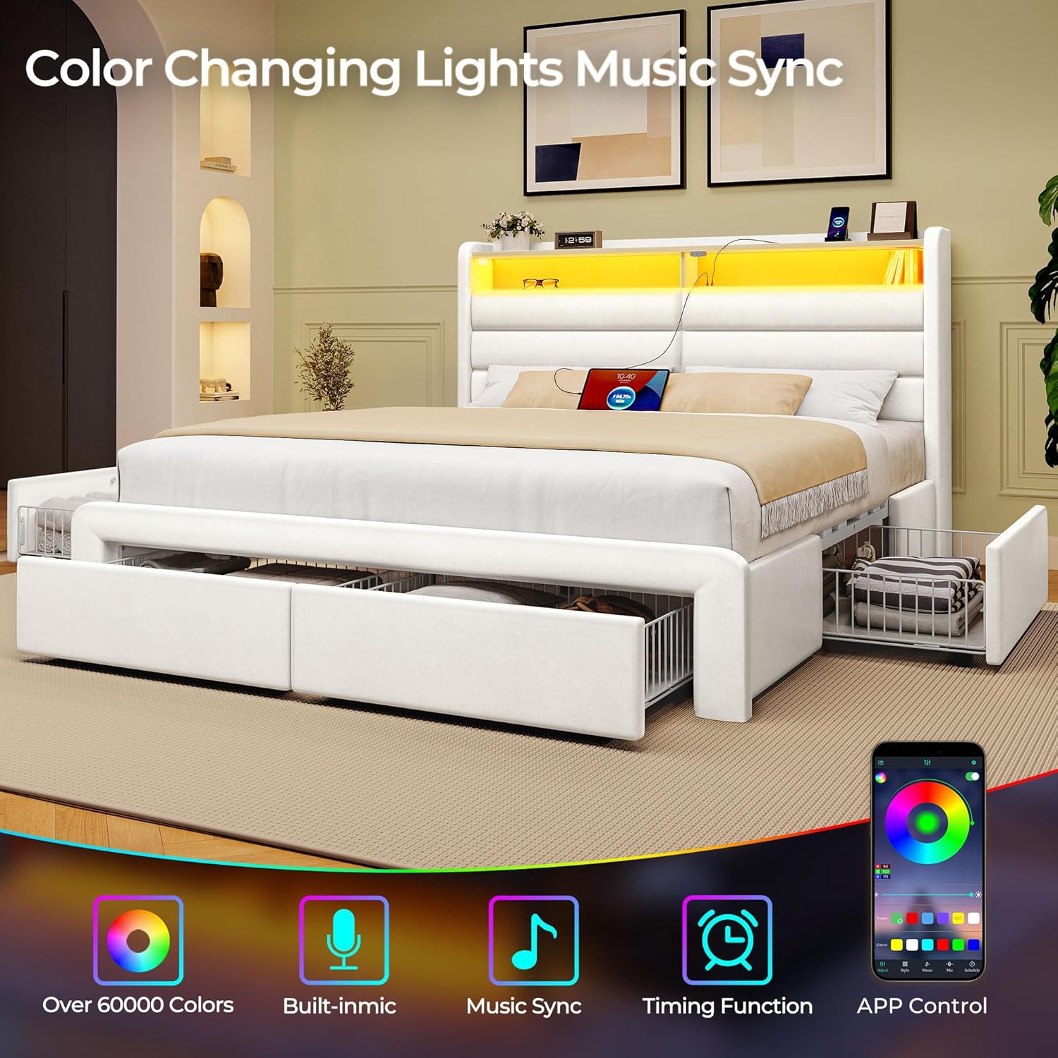 Seventable Full Size Bed Frame with 4 Storage Drawers & Charging Station, Upholstered Platform Bed with Storage Headboard and LED Light, No Box Spring Needed, Noise Free, Easy Assembly, Cream White