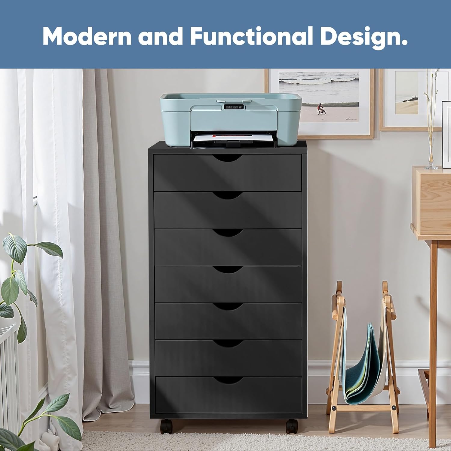 OLIXIS 7 Drawer File Cabinet, Mobile Filing Cabinet Under Desk Storage Organization with Wheels, Vertical Filing Chest Rolling Wood Small Desk Printer Stand for Home Office, Dark