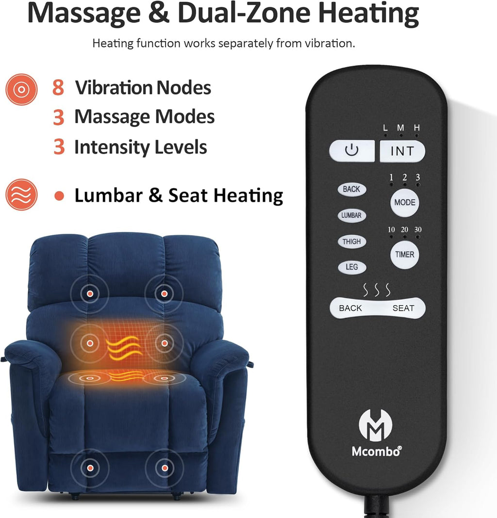 MCombo Large-Wide Dual Motor Power Lift Recliner Chair, Massage and Dual Heating for Elderly People, Infinite Position, Fabric R7166 (Navy Blue)