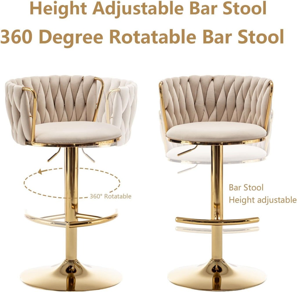 Velvet Bar Stools Set of 3, Counter Height Bar Chairs with Low Back, Gold Swivel Bar Stools for Kitchen Island, Pub (Beige)