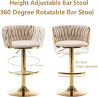 Velvet Bar Stools Set of 3, Counter Height Bar Chairs with Low Back, Gold Swivel Bar Stools for Kitchen Island, Pub (Beige)