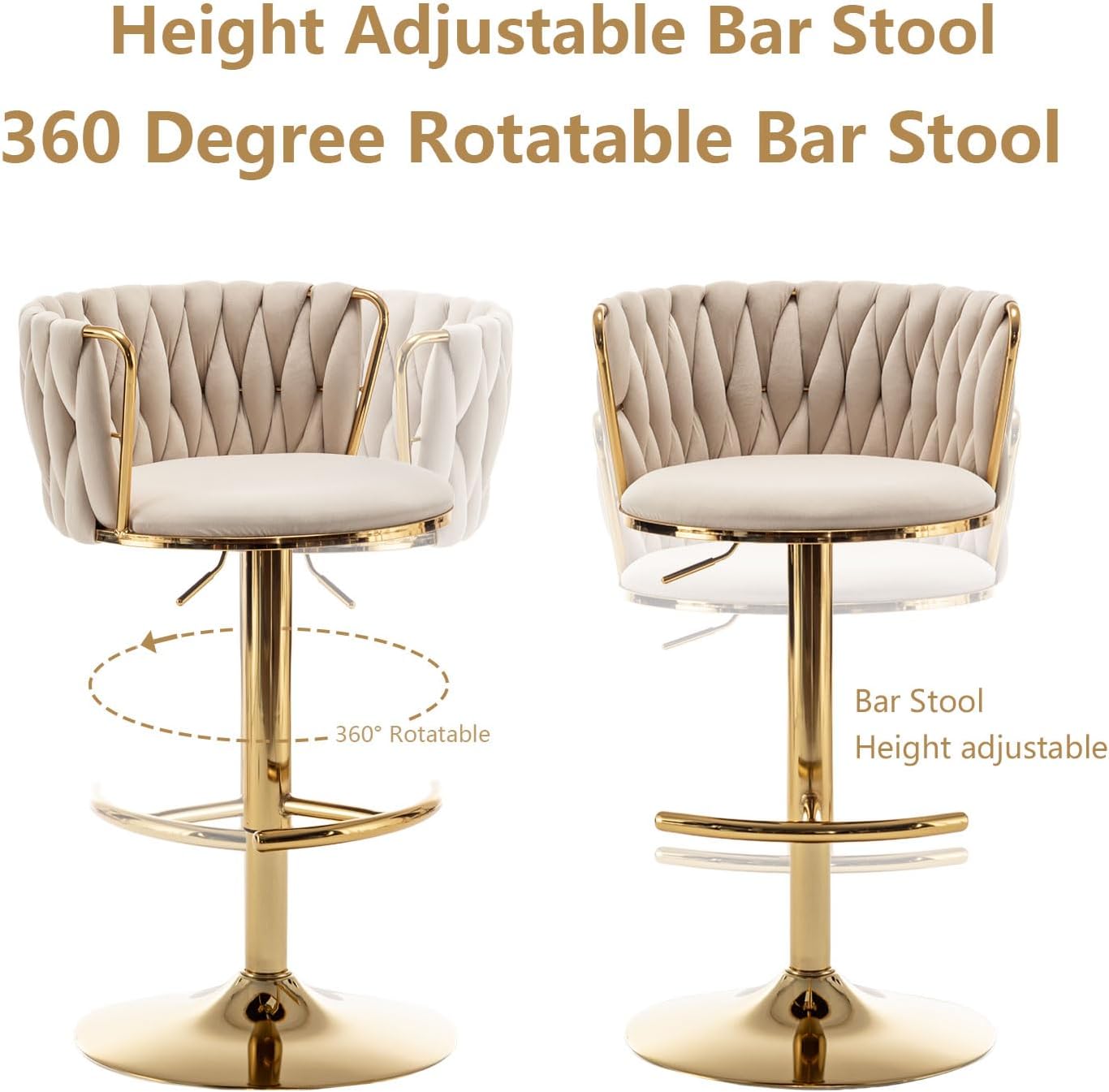 Velvet Bar Stools Set of 3, Counter Height Bar Chairs with Low Back, Gold Swivel Bar Stools for Kitchen Island, Pub (Beige)