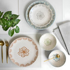 Sango 12-Piece Speckled Stoneware Dinnerware Set for 4- Glossy Plates and Bowls Set with Hand-Painted Floral Pattern, Rustic Ceramic Dish Set, Elegant Dishes for Everyday Dining, Siterra Glazed Garden
