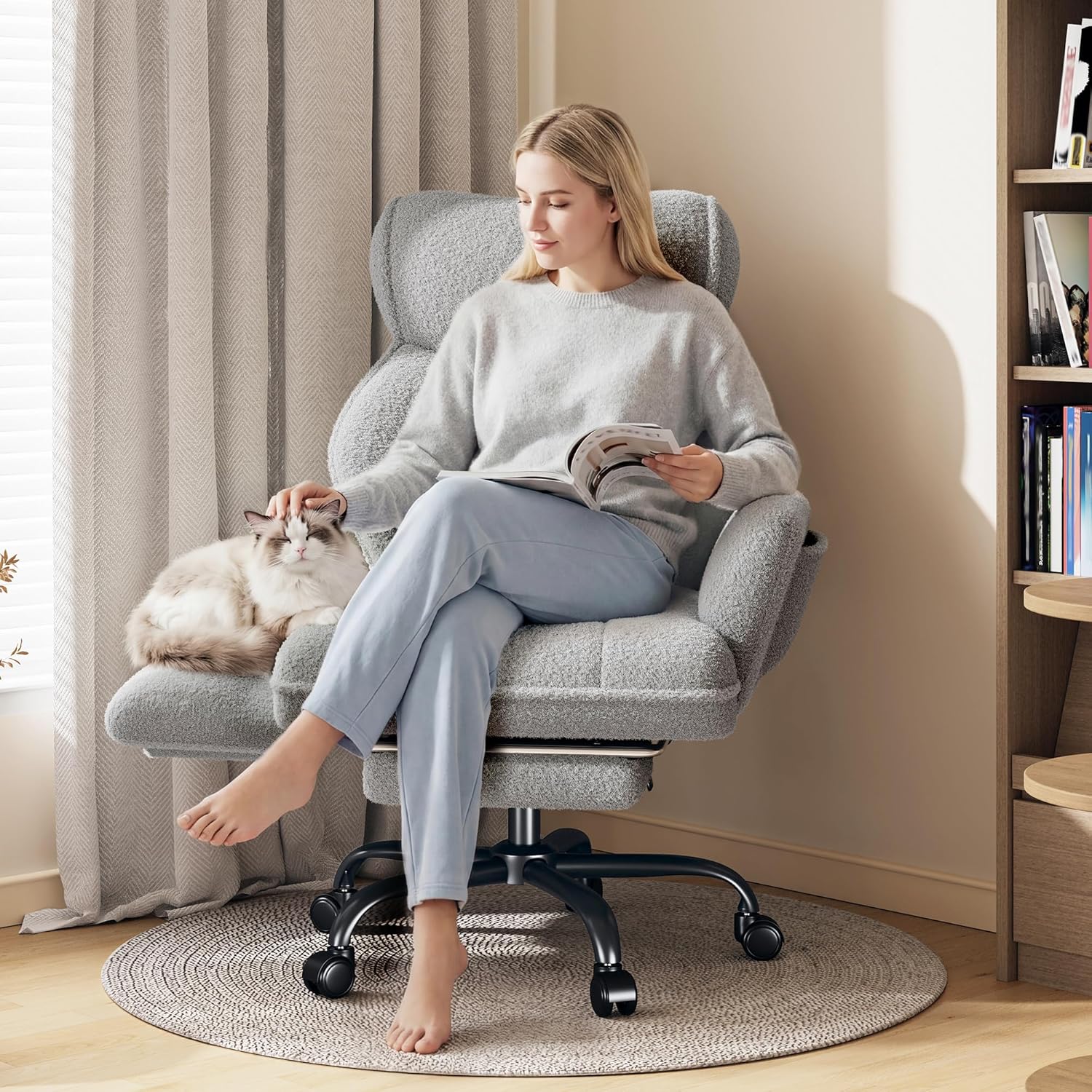 Big and Tall Office Chair with Adjustable Arms and Back, Ergonomic Office Chair with Footrest and Comfortable Fabric for Home Office, Bedroom,Grey