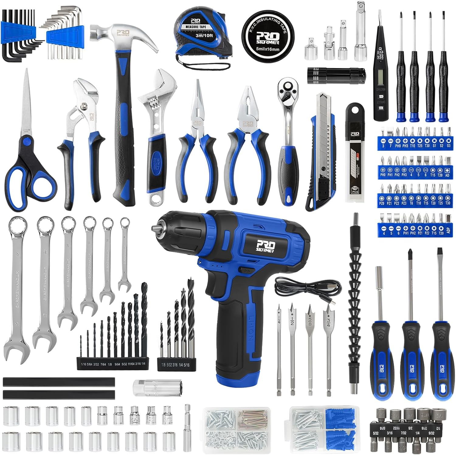 Prostormer Tool Set with 8V Cordless Drill, 369-Piece Home Tool Kit with Drill Driver, Toolbox Storage Case with Drawer, General Household Tools for Home Repairs and DIY, Handyman (Blue)