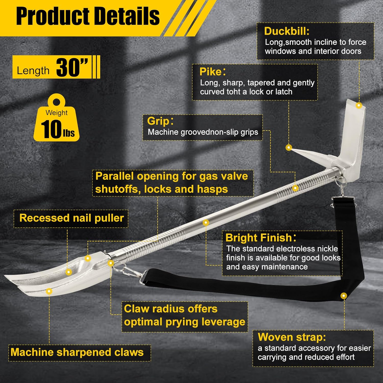 30" Halligan Tool, Halligan Bar with Carry Strap for Fire Rescue, Tactical Breaching & Emergency Entry