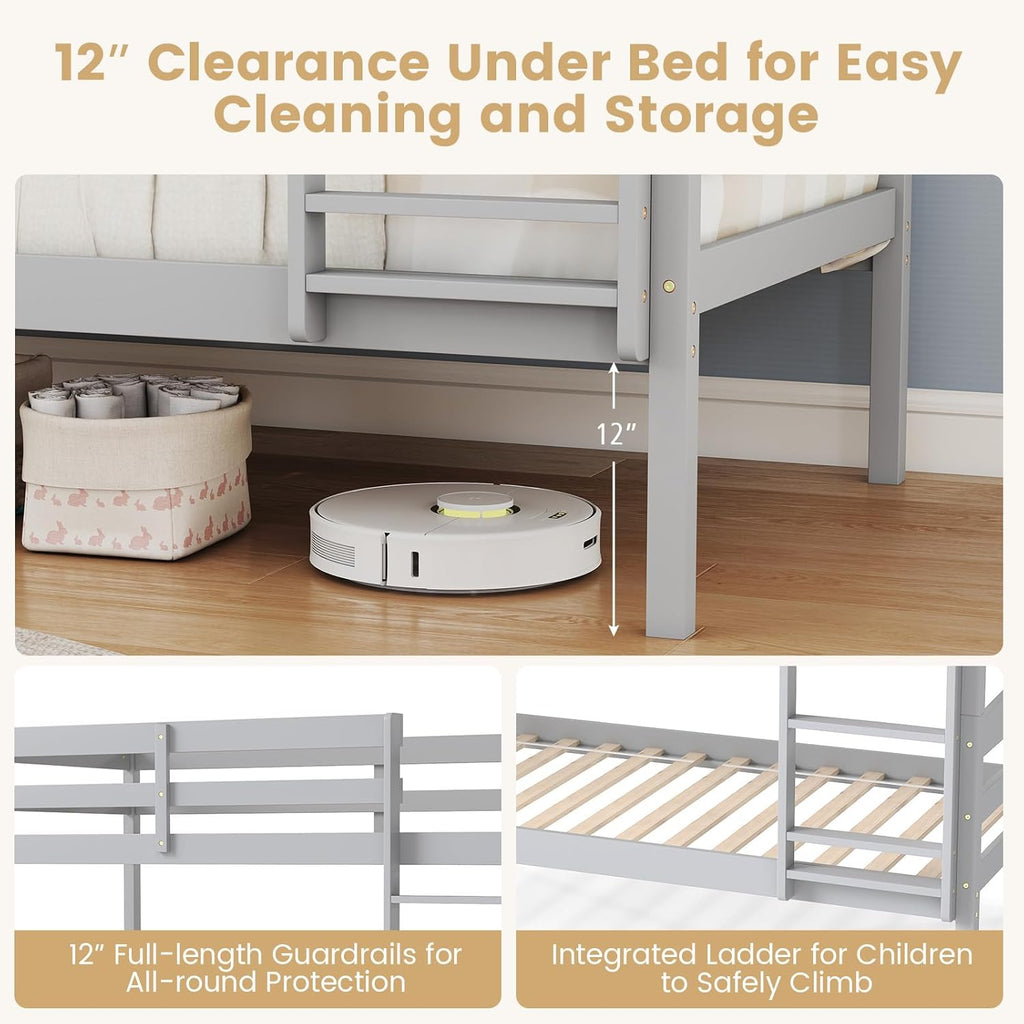 KOMFOTT Bunk Bed Twin Over Twin, Bed Frame w/Full-Length Guardrail & Integrated Ladder, Wood Bunk Bed for Small Space, Converts to 2 Individual Beds for Kids & Adults, No Box Spring Needed