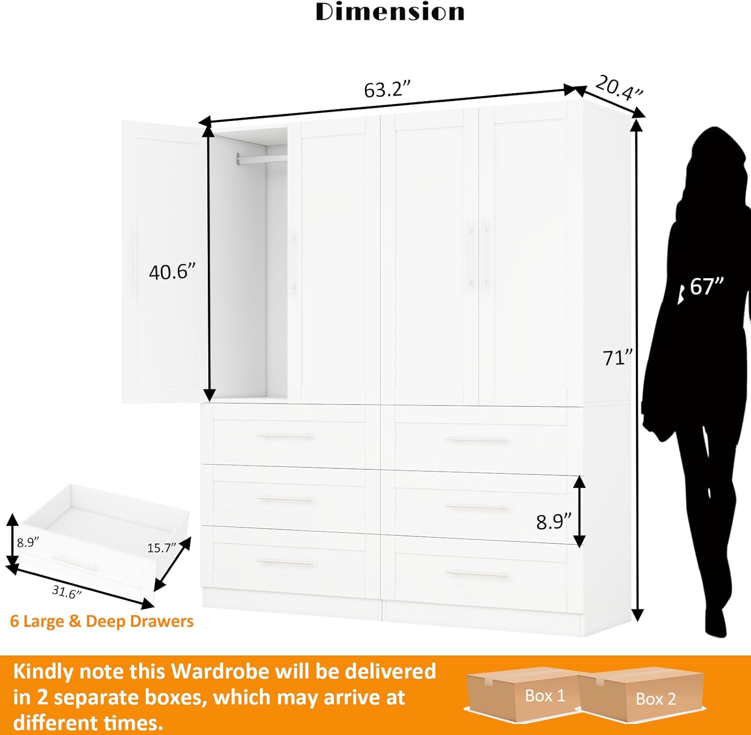 Armoire Wardrobe Closet with 6 Deep Drawers and Doors 71" Clothing Storage Cabinet with Hanging Rod Wooden Wardrobe Cabinet for Bedroom, Large Capacity Storage White, 2 Sets