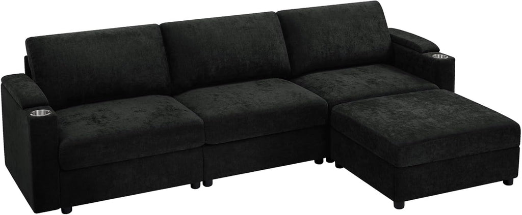 108'' Chenille Sectional Couch with Storage Armrests,L Shaped Upholstered Sofa with Movable Ottoman, 4-Seat Modular Couch with Cup Holders for Living Room, Black